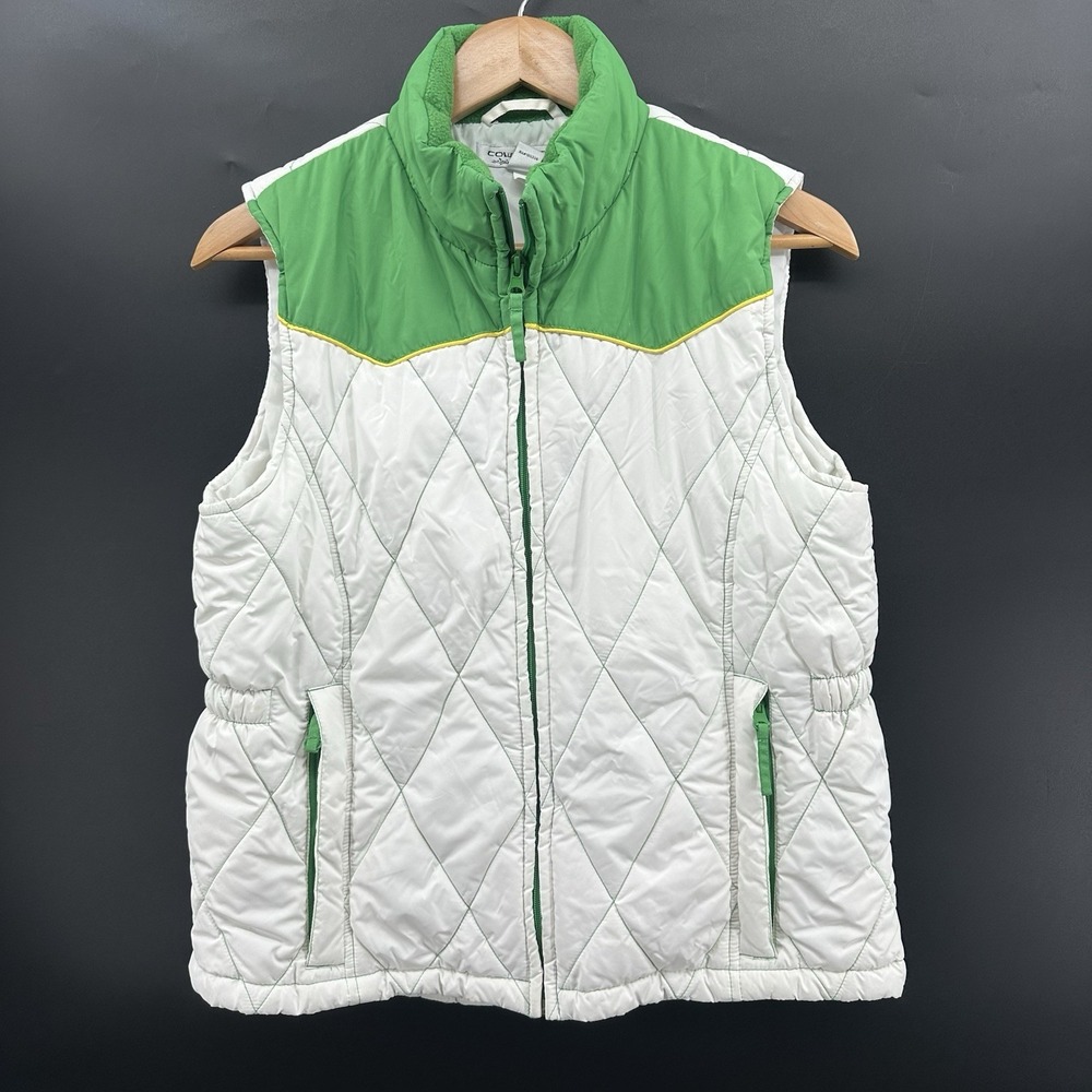 VTG Cowgirl Up Quilted Ivory Green Puffer Vest Western Horse Women's UU04